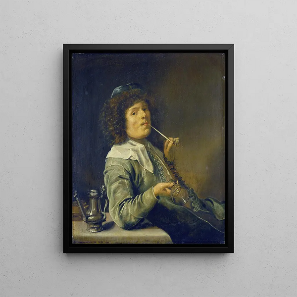 Uomo che fuma e tiene un bicchiere di vino vuoto - Jan Miense Molenaer — quadro incorniciato alla parete