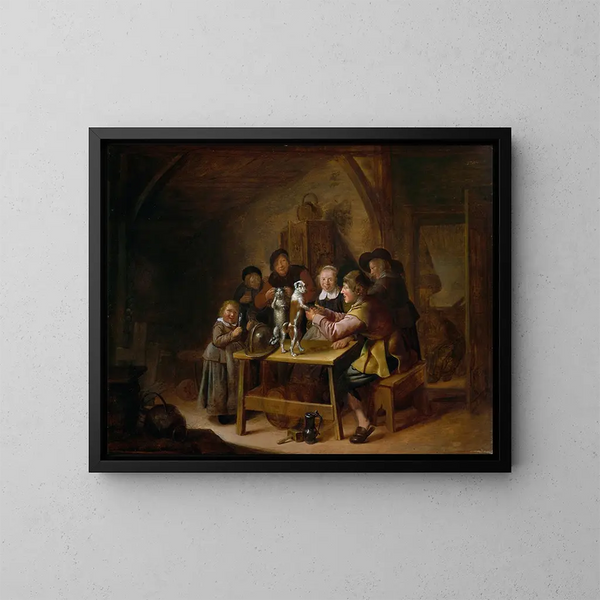 dei contadini che insegnano a un gatto e a un cane a ballare - Jan Miense Molenaer — quadro incorniciato alla parete