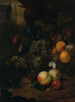 di frutta in un cesto di vimini con una lumaca, una libellula e un topo su una roccia, un paesaggio oltre - Jan Mortel — vista dell’opera