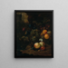 di frutta in un cesto di vimini con una lumaca, una libellula e un topo su una roccia, un paesaggio oltre - Jan Mortel — quadro incorniciato alla parete