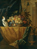 Nature morte con un cesto di frutta e un pappagallo su un davanzale drappeggiato con damasco accanto a un vaso in porfido montato in bronzo dorato - Jan Pauwel Gillemans il Giovane — vista dell’opera
