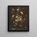 Un iris, dei garofani, delle rose e di altri fiori in un vaso di vetro su un davanzale con farfalle - Jan Pieter Brueghel — quadro incorniciato alla parete