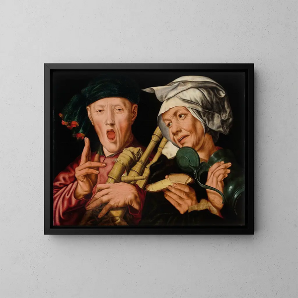 Il suonatore di cornamusa e la donna felice - Jan Sanders van Hemessen — quadro incorniciato alla parete