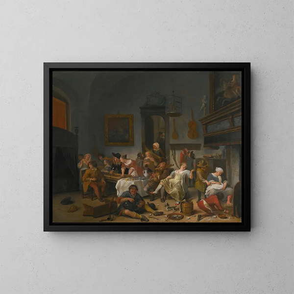 Interno di taverna con persone che bevono e suonano musica - Jan Steen — quadro incorniciato alla parete