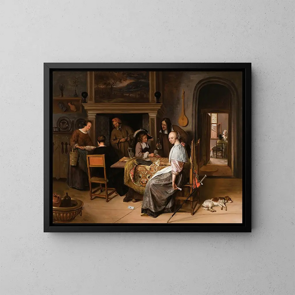 Una compagnia elegante in un interno con figure che giocano a carte a un tavolo - Jan Steen — quadro incorniciato alla parete