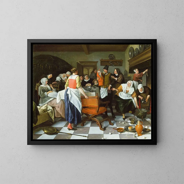 Celebrazione della nascita - Jan Steen — quadro incorniciato alla parete
