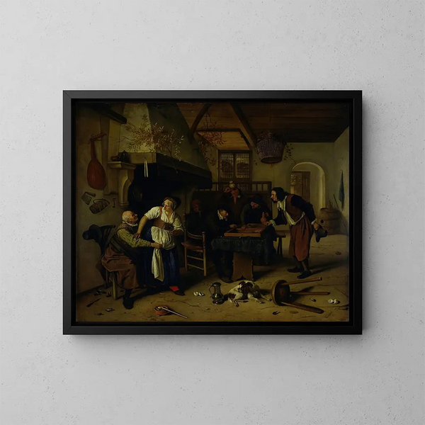 Interno di un'osteria con un vecchio che si diverte con la padrona e due uomini che giocano a backgammon noto come Due tipi di giochi - Jan Steen — quadro incorniciato alla parete