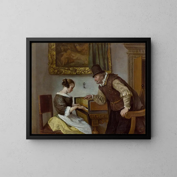 La lezione di clavicembalo - Jan Steen — quadro incorniciato alla parete