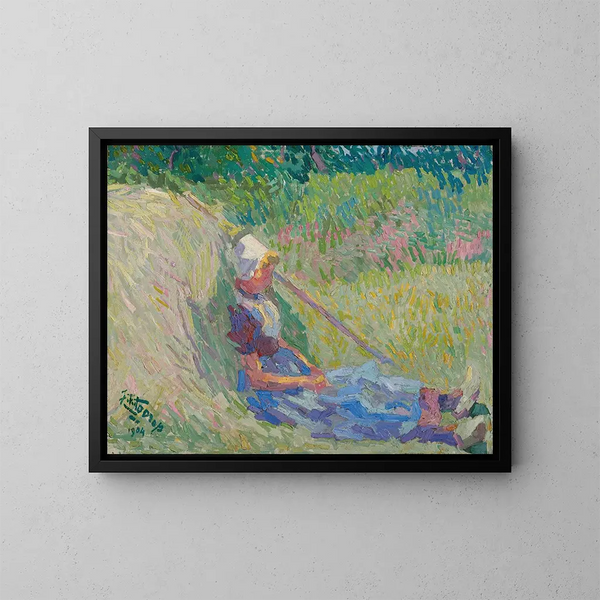 Fille che si appoggia contro un mucchio di fieno - Jan Toorop — quadro incorniciato alla parete