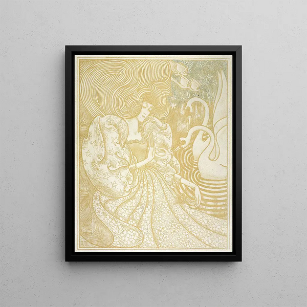 Donna con una farfalla in uno stagno con due cigni - Jan Toorop — quadro incorniciato alla parete