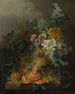 Una natura morta con fiori, pesche, uva e un'arancia pelata, il tutto poggiato su un tavolo - Jan van der Waarden — vista dell’opera