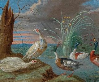 Jan Van Kessel The Elder - Ducks and other birds near a pond.webp