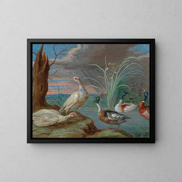 Anatre e altri uccelli vicino a uno stagno - Jan van Kessel il Vecchio — quadro incorniciato alla parete