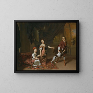 Jan Verkolje - A Portrait Of Two Sisters And Their Brother Playing With A Dog.webp