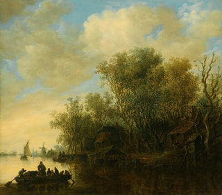 Un paesaggio fluviale con un traghetto completamente carico che si avvicina a una riva animata - Jan van Goyen — vista dell’opera