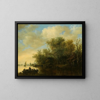 Un paesaggio fluviale con un traghetto completamente carico che si avvicina a una riva animata - Jan van Goyen — quadro incorniciato alla parete