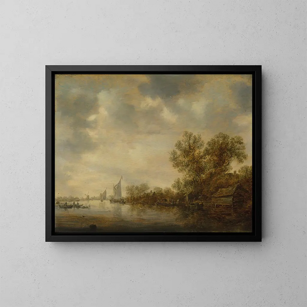di un paesaggio fluviale con vele, pescherecci e un traghetto con contadini e bestiame - Jan van Goyen — quadro incorniciato alla parete