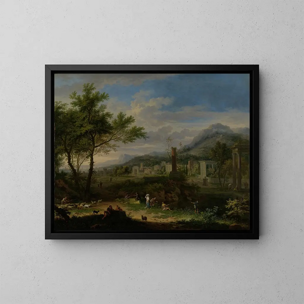 Paesaggio arcadico con pescatori - Jan van Huysum — quadro incorniciato alla parete