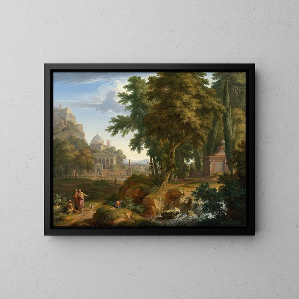 Paesaggio arcadico con i santi Pietro e Giovanni che guariscono il paralitico - Jan van Huysum — quadro incorniciato alla parete