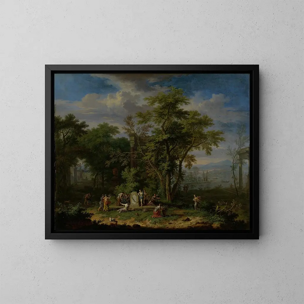Paesaggio arcadico con un sacrificio cerimoniale - Jan van Huysum — quadro incorniciato alla parete