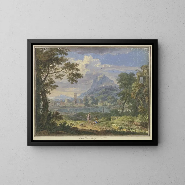 Paesaggio con una città italiana vicino a una montagna alta, a destra le rovine di un tempio, in primo piano due figure e un cane - Jan van Huysum — quadro incorniciato alla parete