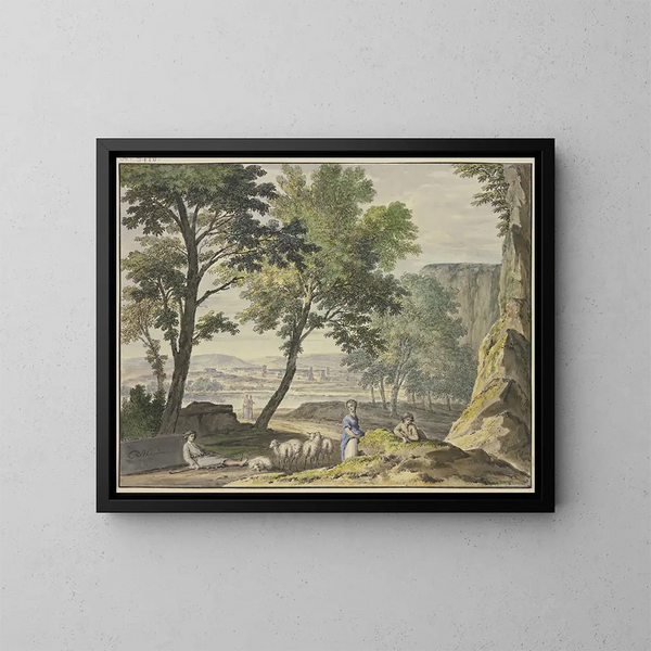 paesaggistico elegante con pastori e una città in lontananza - Jan van Huysum — quadro incorniciato alla parete