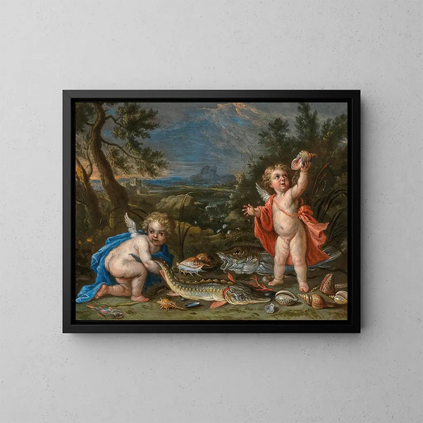 Due putti con pesci e frutti di mare - Jan van Kessel il Giovane — quadro incorniciato alla parete
