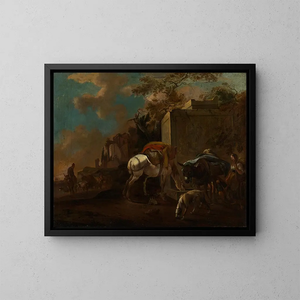 Paesaggio italiano con contadini e bestiame vicino a un pozzo - Jan van Ossenbeeck — quadro incorniciato alla parete