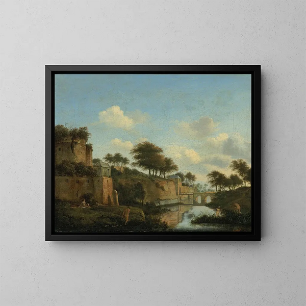 Una città fortificata con figure che si bagnano - Jan van der Heyden — quadro incorniciato alla parete