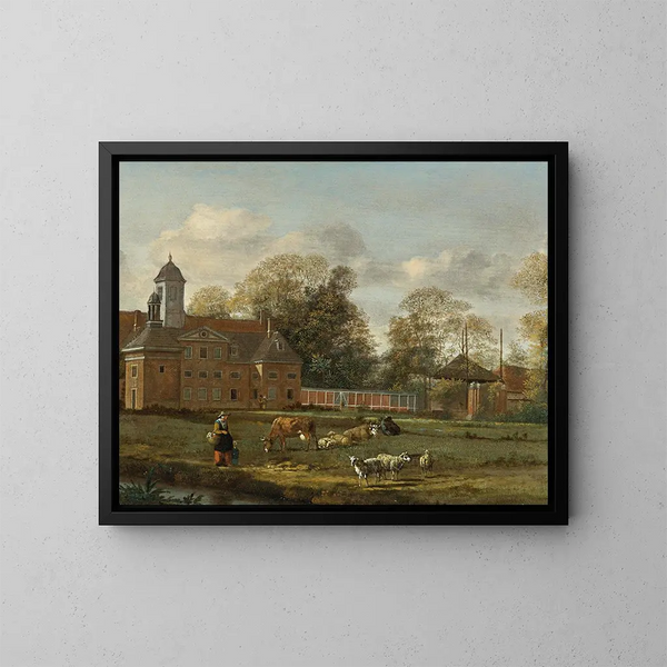 Vista di Goudestein con una donna e un bambino che camminano accanto a una diga - Jan van der Heyden — quadro incorniciato alla parete