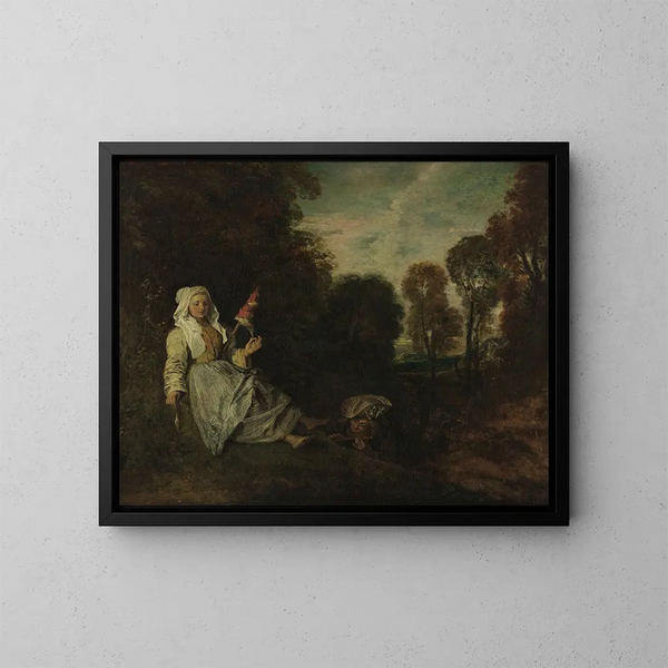 Paesaggio serale con una filatrice - Jean-Antoine Watteau — quadro incorniciato alla parete