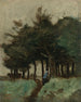 Sentiero incassato e figura in blu sotto grandi alberi — Corot