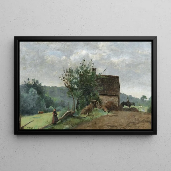 Corte di fattoria con un cavaliere e una bambina in primo piano - Jean-Baptiste-Camille Corot — quadro incorniciato alla parete