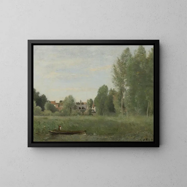 Paesaggio di Mantes, piccole abitazioni nascoste tra gli alberi vicino al bordo dell'acqua - Jean-Baptiste-Camille Corot — quadro incorniciato alla parete