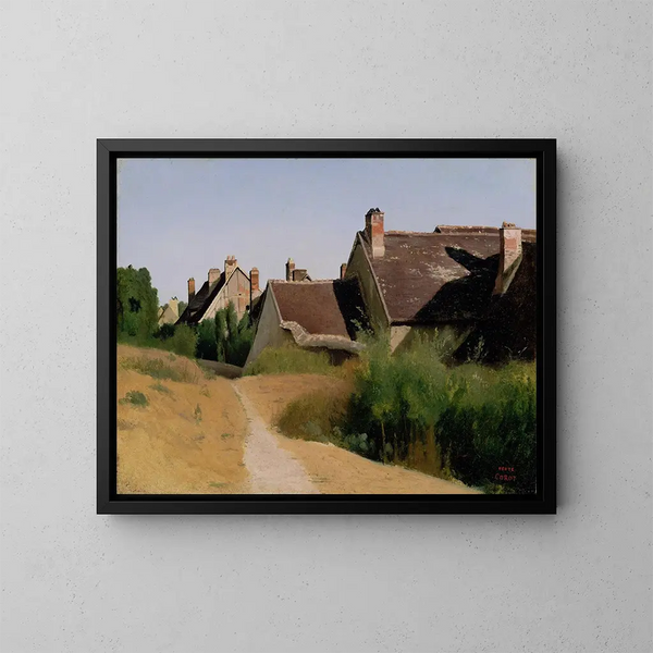 Case nei dintorni di Orléans - Jean-Baptiste-Camille Corot — quadro incorniciato alla parete