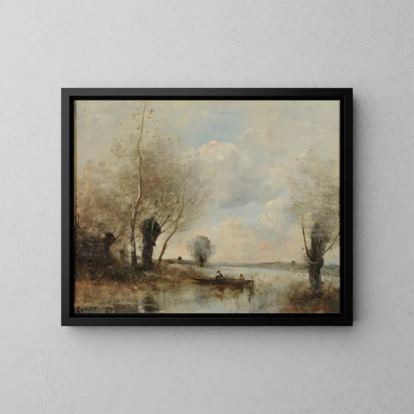 La pesca in barca presso i salici - Jean-Baptiste-Camille Corot — quadro incorniciato alla parete
