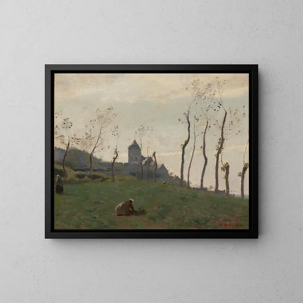 Le Tréport, un porto e una chiesa - Jean-Baptiste-Camille Corot — quadro incorniciato alla parete