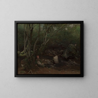 Fille di capra seduta accanto a un ruscello in una foresta - Jean-Baptiste-Camille Corot — quadro incorniciato alla parete