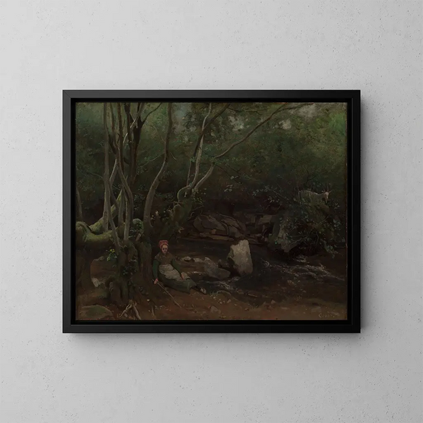 Fille di capra seduta accanto a un ruscello in una foresta - Jean-Baptiste-Camille Corot — quadro incorniciato alla parete