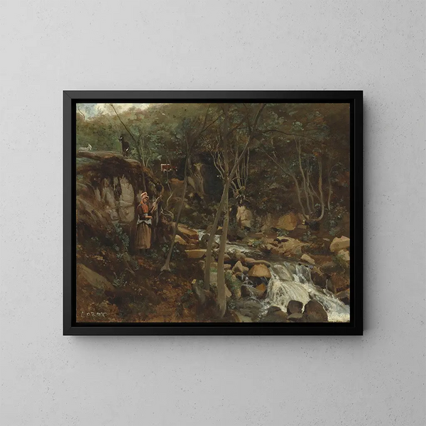 Un torrente con una capra in piedi che filava - Jean-Baptiste-Camille Corot — quadro incorniciato alla parete