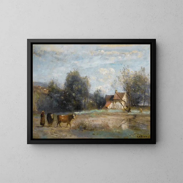 Luzancy, piccole case di contadini sul bordo dell'acqua - Jean-Baptiste-Camille Corot — quadro incorniciato alla parete