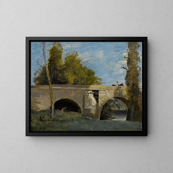 Mantes, due archi del ponte con un cavaliere - Jean-Baptiste-Camille Corot — quadro incorniciato alla parete