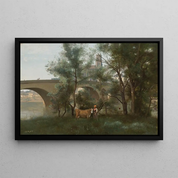Mantes I Bordi della Senna ai piedi del ponte - Jean-Baptiste-Camille Corot — quadro incorniciato alla parete