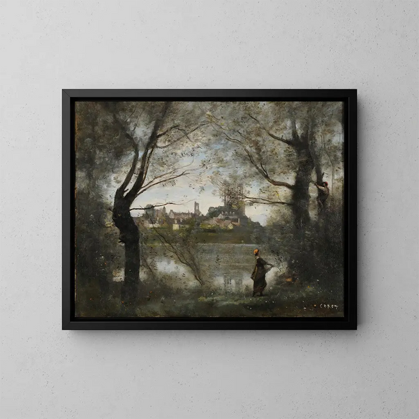 Mantes al crepuscolo - Jean-Baptiste-Camille Corot — quadro incorniciato alla parete