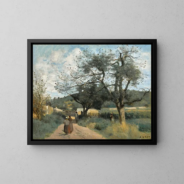 Marcoussis, strada attraverso i campi - Jean-Baptiste-Camille Corot — quadro incorniciato alla parete
