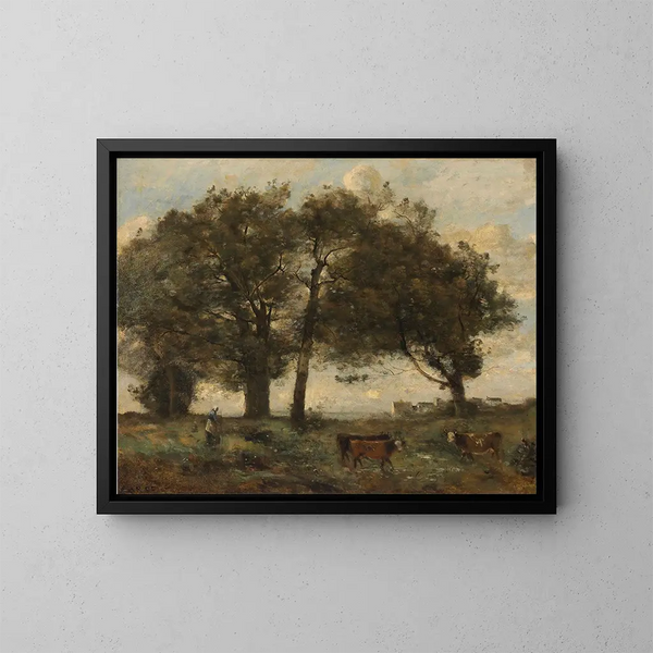 Marécages boisés avec trois vaches - Jean-Baptiste-Camille Corot — quadro incorniciato alla parete