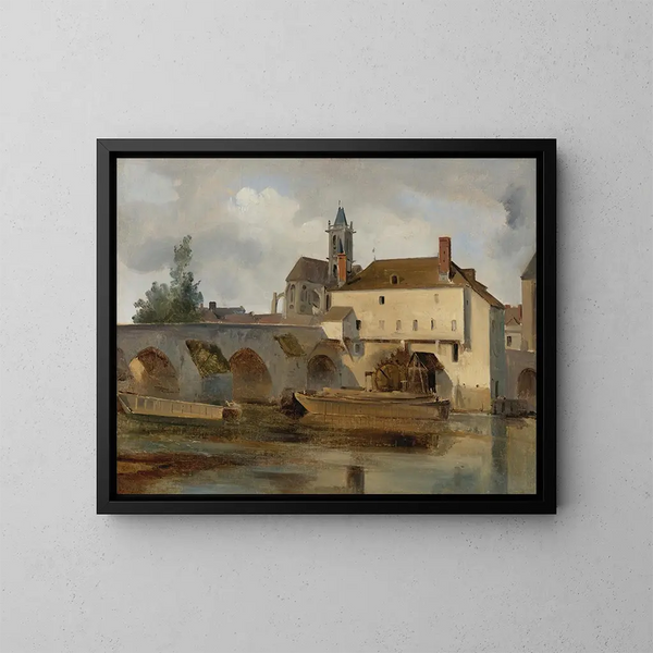 Moret-sur-Loing, il ponte e la chiesa - Jean-Baptiste-Camille Corot — quadro incorniciato alla parete