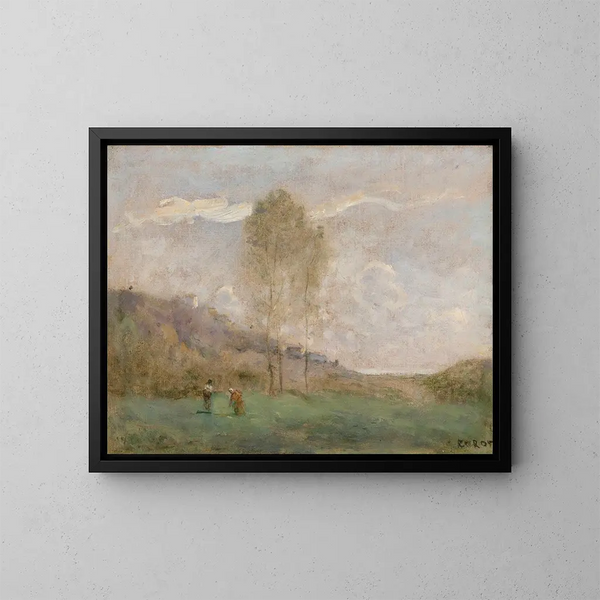 Paesaggio autunnale vicino a una costa con due personaggi - Jean-Baptiste-Camille Corot — quadro incorniciato alla parete