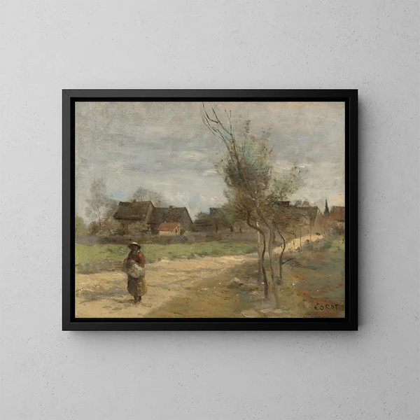 contadino su una strada con vista su un villaggio - Jean-Baptiste-Camille Corot — quadro incorniciato alla parete