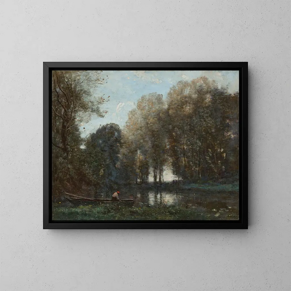 Pescatore ormeggiato sulla riva verde - Jean-Baptiste-Camille Corot — quadro incorniciato alla parete